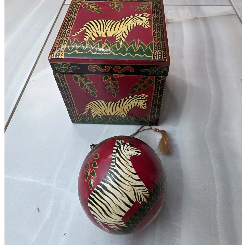 Hand Painted Zebra Wooden Trinket Box and Matching Egg‎ Ornament Set Folk Art S3